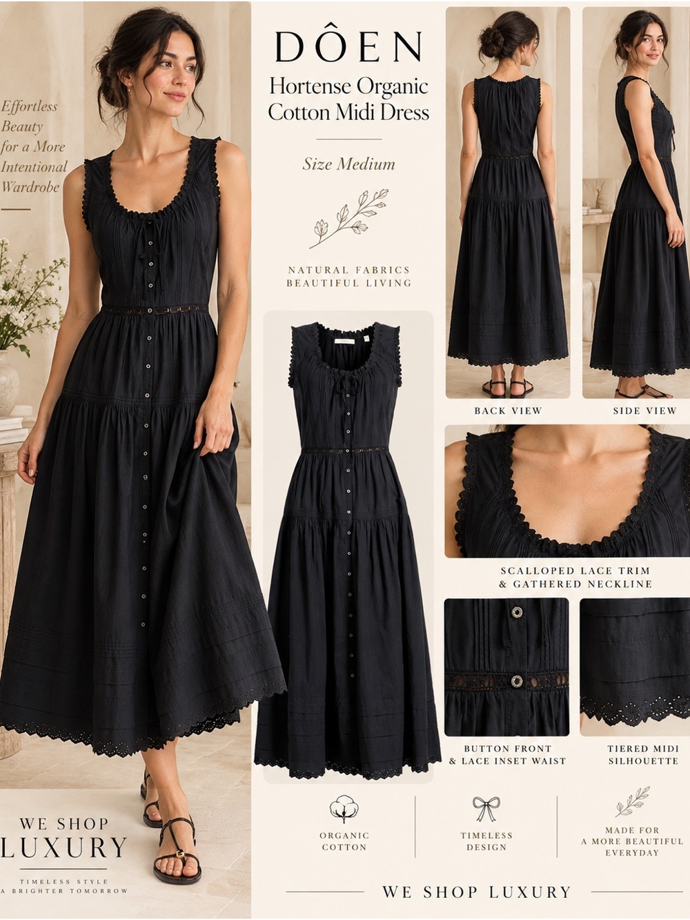 DÔEN Hortense Organic Cotton Midi Dress Black Size Medium NWOT